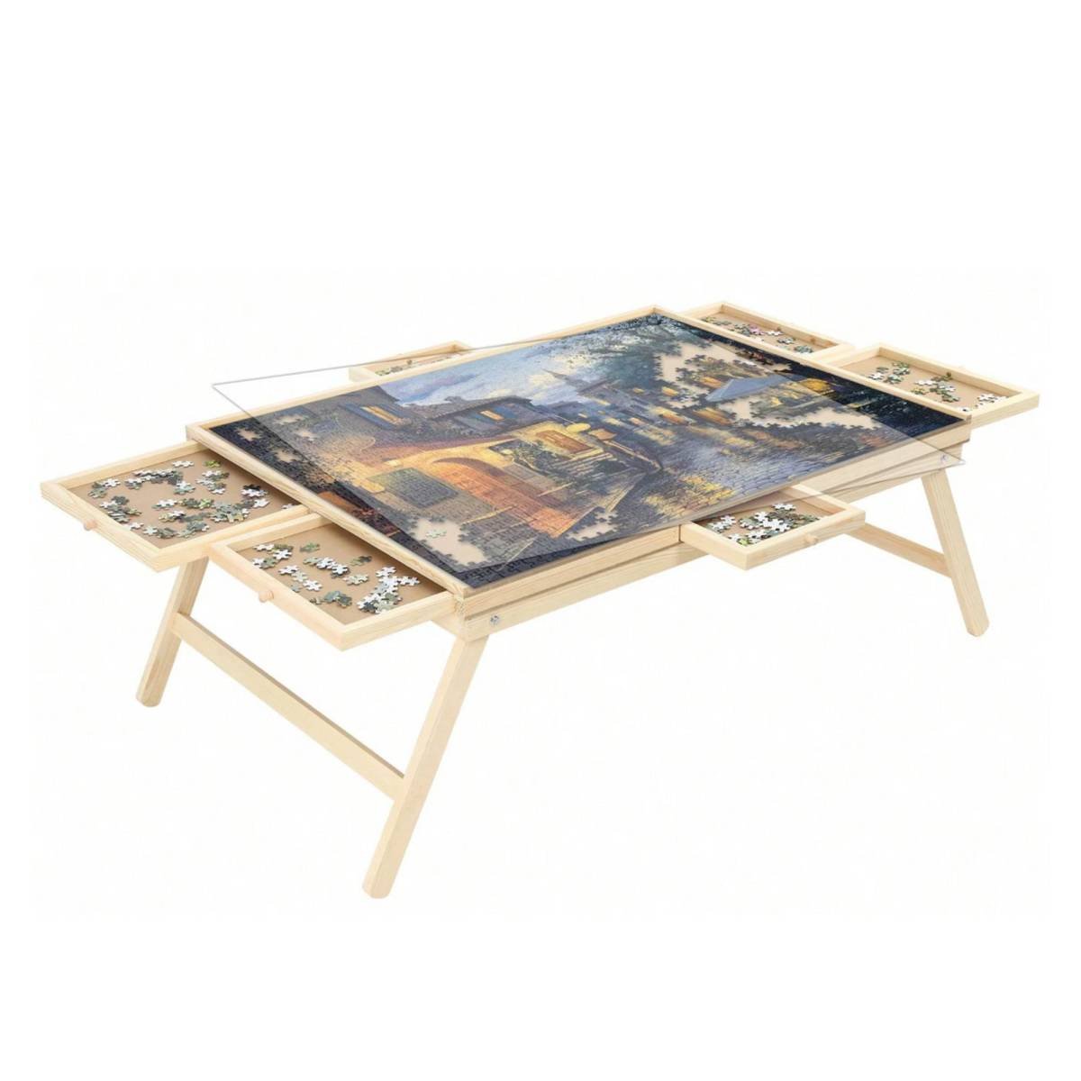 Social Hike 1500pcs Puzzle Board Table 6 Drawer with Cover - Wooden Folding Legs