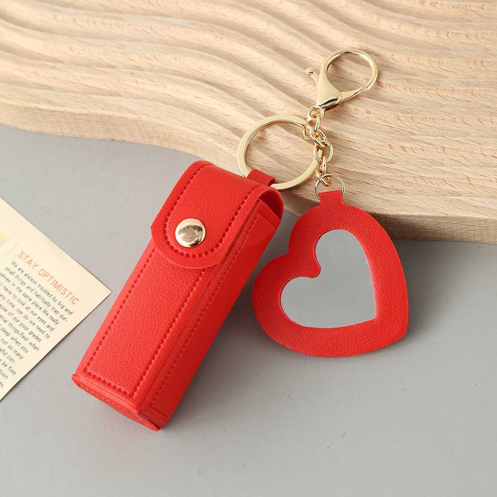 Red Portable Lipstick Case with Heart Mirror & Keychain – Cute PU Leather Holder (3-Pack)