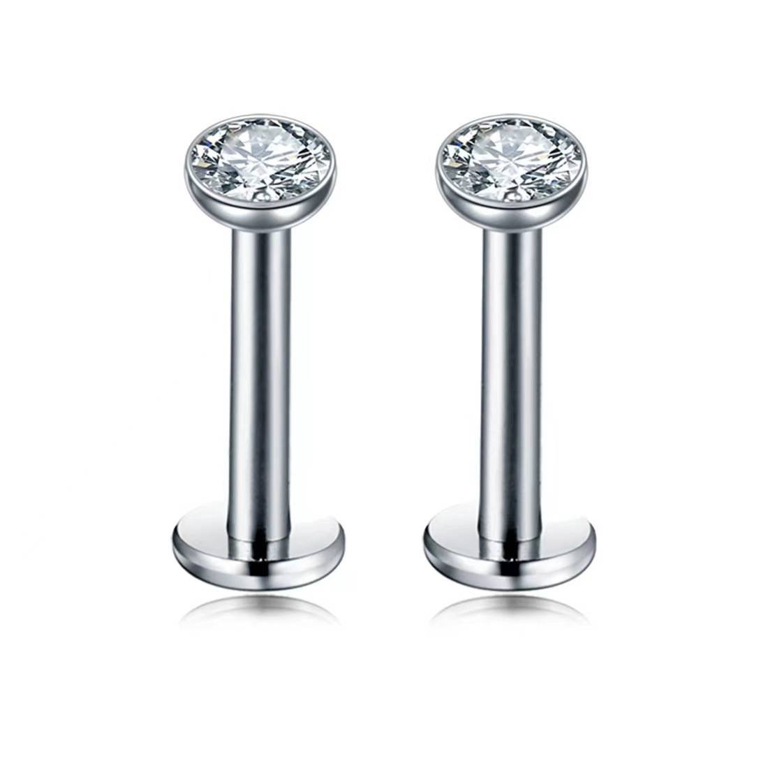 2 PCS Internally Threaded Labret Studs - 16G 8mm Stainless Steel Flat Back with 3mm CZ Crystal - Silver Tone Body Piercing for Lip Tragus Helix