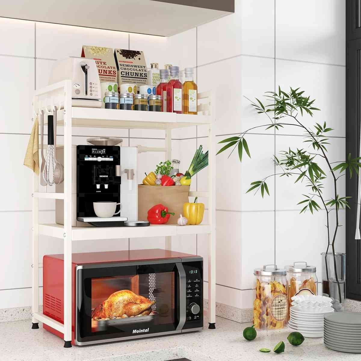CARLA HOME 3-Tier Microwave Oven Rack with Adjustable Metal Kitchen Shelf Stand for Countertop Storage and 6 Hooks for Utensils