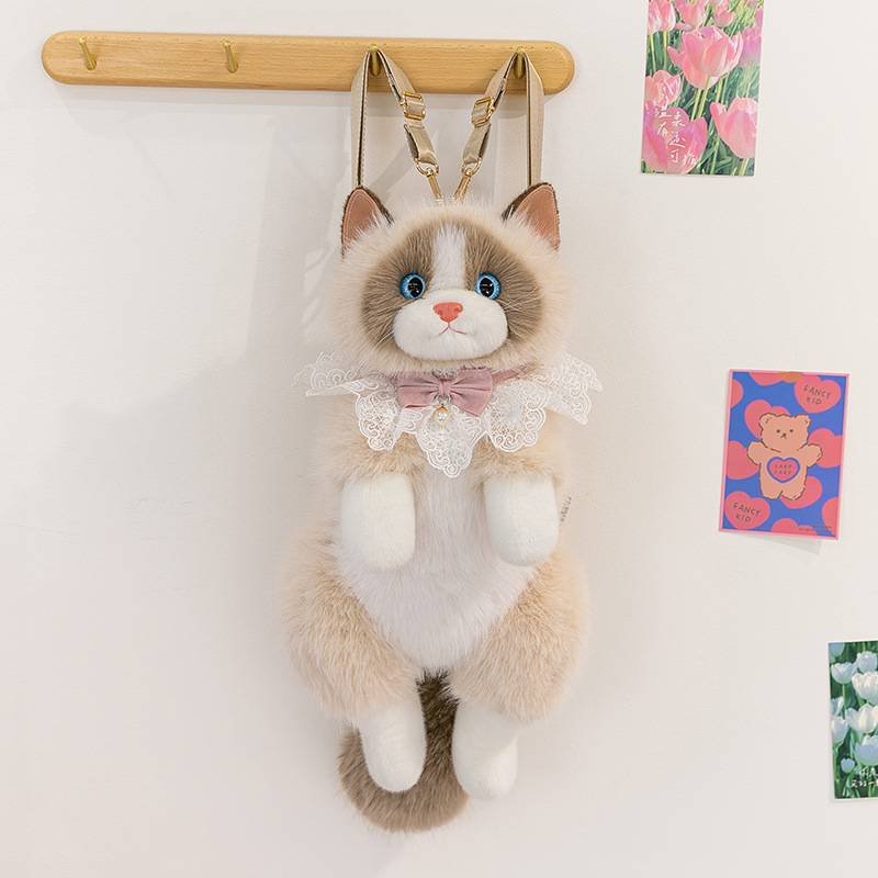 Brown Adorable Plush Cat Backpack - Soft Furry Doll Bag with Zipper Compartment for Girls and Women