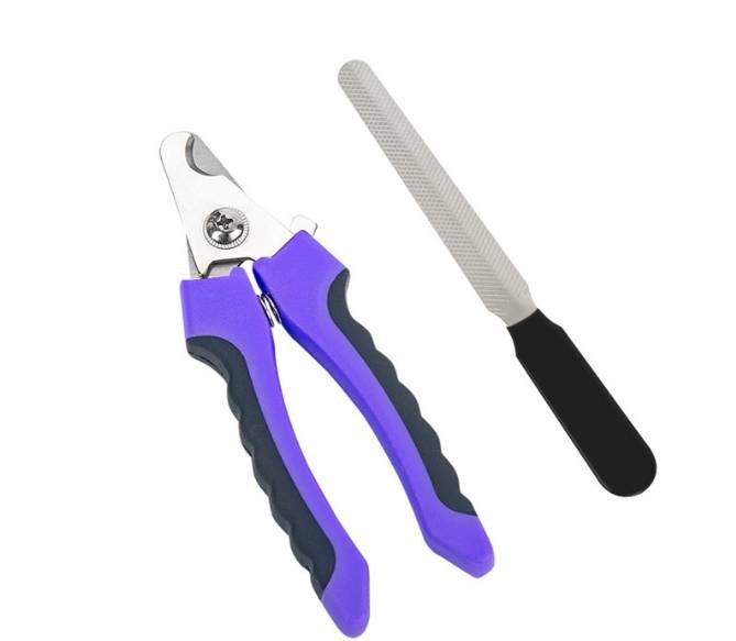Pet Nail Clippers & File Set for Small Dogs Cats Stainless Steel Claw Trimmer with Safety Guard Non-Slip Handle Grooming Tool Black & Purple