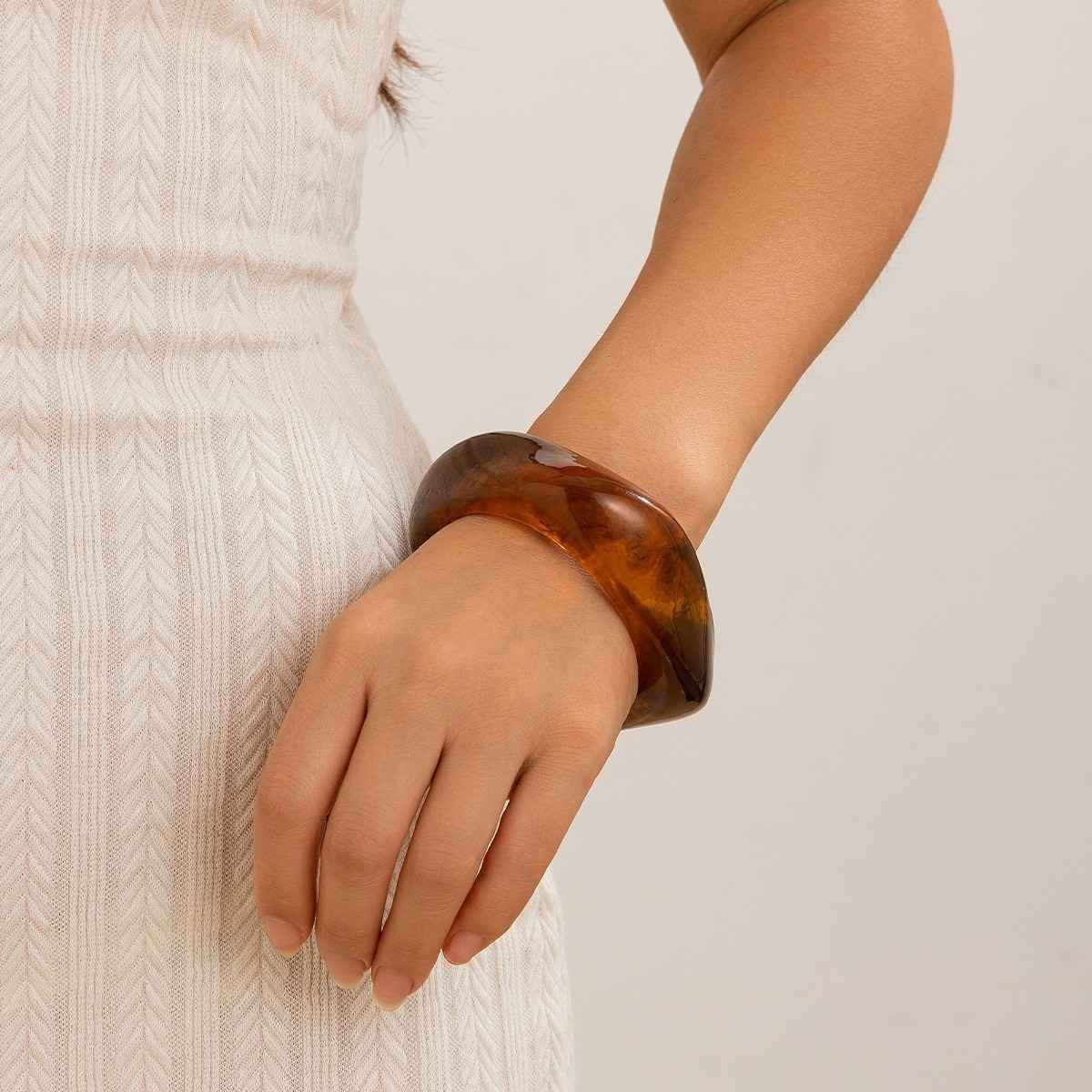 Chunky Resin Bangle Bracelet - Irregular Geometric Square Cuff - Dark Brown Tortoiseshell Tone Wide Wristwear for Women