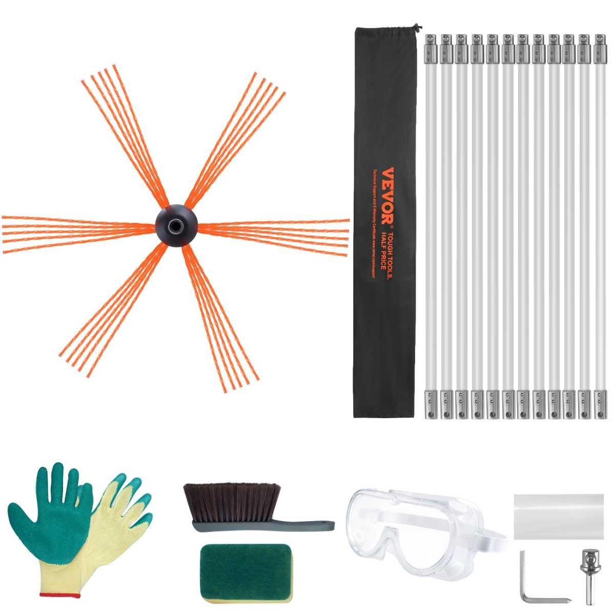 VEVOR 12 m Chimney Sweep Kit, w/ 12 Reinforced Nylon Flexible Rods, Ergonomic Chimney Cleaning Brush, 360-Degree Brush Chimney Cleaner, Rich Accessories for Fireplace Flue Home Use Fits most Pipes