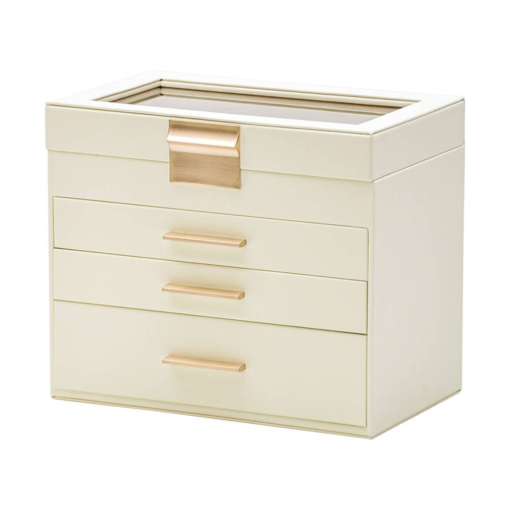 4 Layer Jewelry Box PU Leather Jewellery Organizer Multi-functional Storage Case with Clear Glass Lid and 3 Drawers for Necklaces Rings Earrings Watches