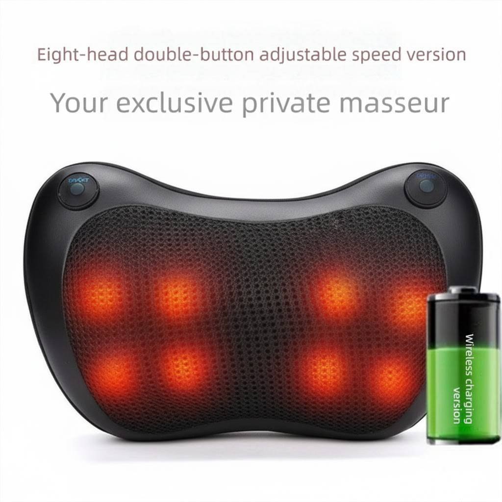 Cordless Rechargeable Shiatsu Massage Pillow - 8 Node Deep Kneading Neck & Back Massager with Heat - Wireless Portable Cushion for Home Car & Travel - Black