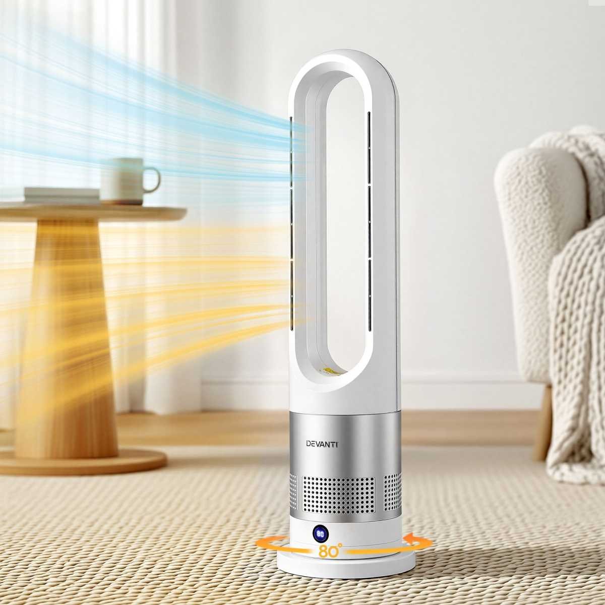 Devanti Bladeless Tower Fan Heater and Cooler 2in1 Portable Oscillation Fan for Bedroom Room Office Use White