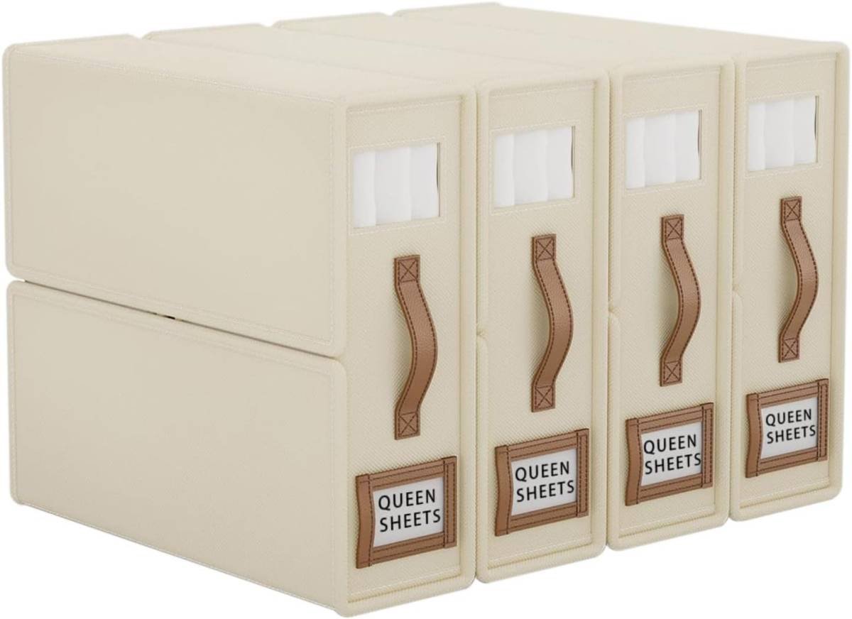 CARLA HOME Bed Sheet Organizer Set of 4 with Handle & Window for Covers, Pillowcases, Blankets, Clothes & Sheets (Beige)
