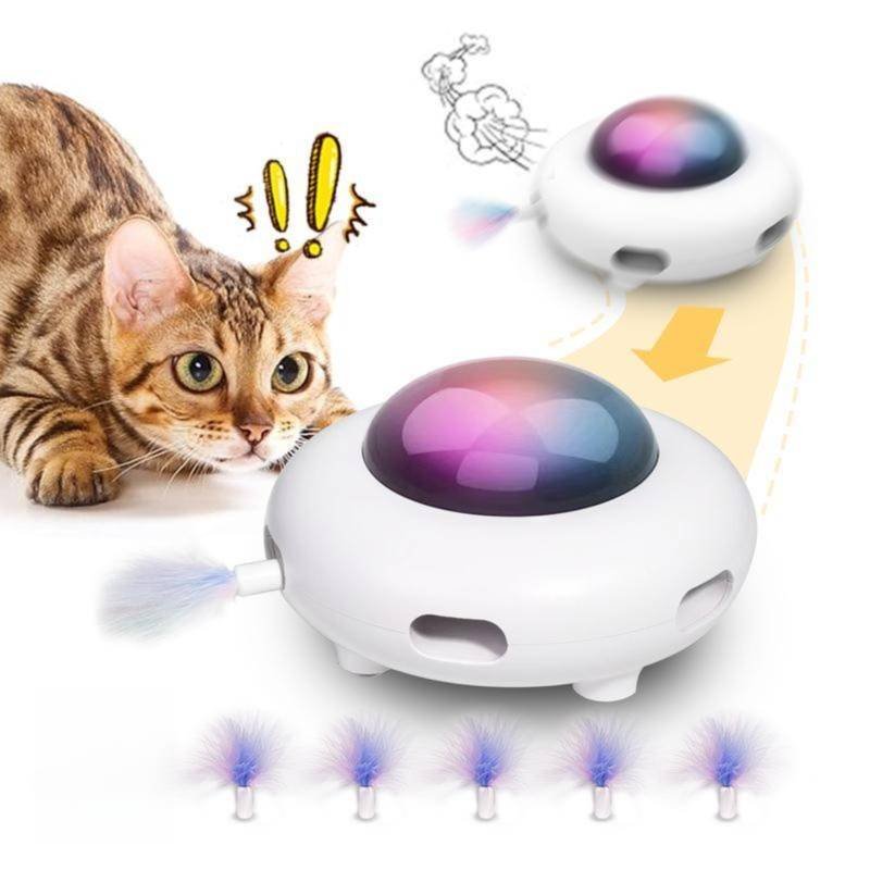 Smart Electric UFO Automatic Cat Toy - Self-Playing Teaser with 5 Rotating Feathers & Intelligent Indoor Obstacle Avoidance