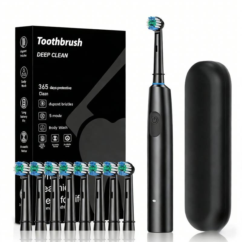 Black Rotating Round Head Electric Toothbrush Kit with 8 Heads & Case - 3D Oscillating Mechanical Cleaning for Deep Plaque Removal