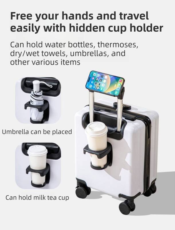 White 16 Inch Lightweight Carry-on Luggage for heights over 1.6m - Underseat & Overhead Cabin Hardside Suitcase with Cup Holder & Phone Stand