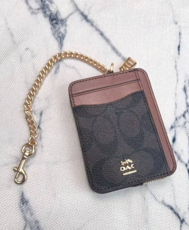 2 Pack Women's Mini Zip Card Holder & Coin Purse with Keychain - Signature Coffee Brown & Daisy Floral Print - Compact ID Wallet for Travel & Daily Use