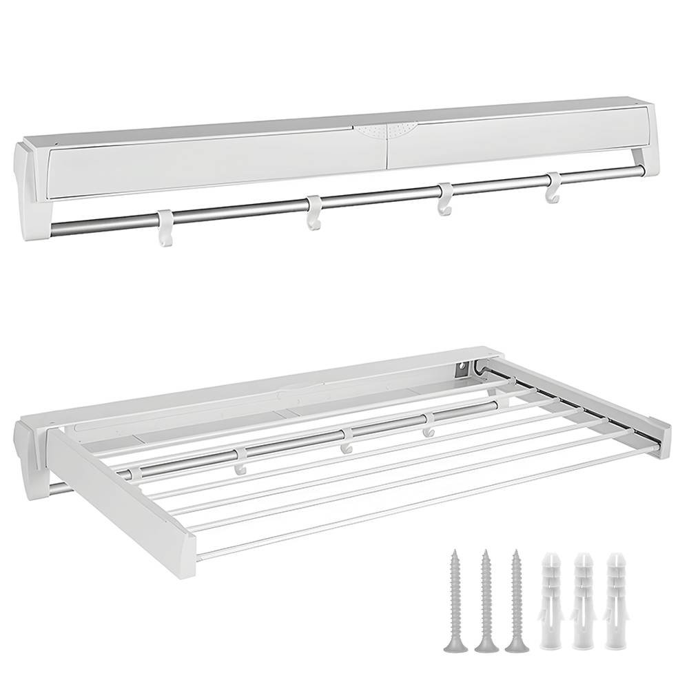 Alston Wall Mounted Drying Rack Clothes Airer Space Saver Folding Dryer Bearing Capacity 12KG Foldable Rail With Hooks Indoor Outdoor Balcony Laundry White
