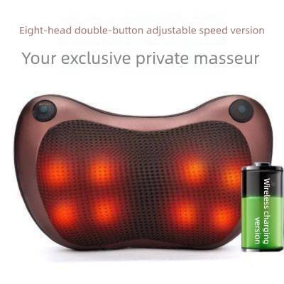 Cordless Rechargeable Shiatsu Massage Pillow - 8 Node Dual Button Neck & Back Massager with Heat - Wireless Deep Kneading Cushion for Car Home & Travel - Brown