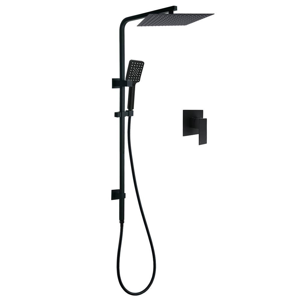 Dual Shower Square Large 12" Rainfall Head 3 Modes Handheld Wall Rail Mixer Matt Black