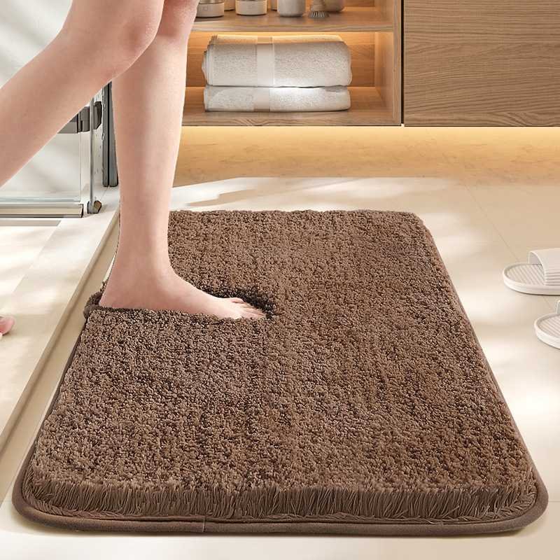 Brown 60*90cm Luxury 3.5cm Shag Bath Mat | Silver Ion Antibacterial Technology | Quick Dry Non-Slip TPR Bathroom Rug