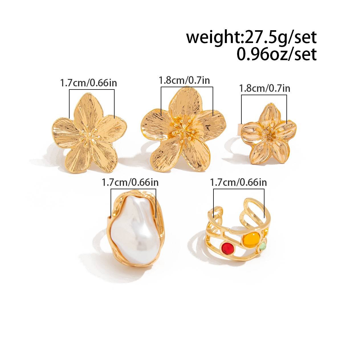 5-Piece Molten Gold Tone Ring Set - Vintage Baroque Flowers, Large Faux Pearl & Colourful Gem Cuff - Adjustable Boho Stackable Jewellery