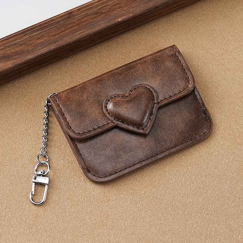 2PCS Coffee Women's Slim PU Leather Card Holder with Cute Heart Detail and Keychain Clip - Ultra Thin Portable Card Sleeve for Daily Use and Gifting