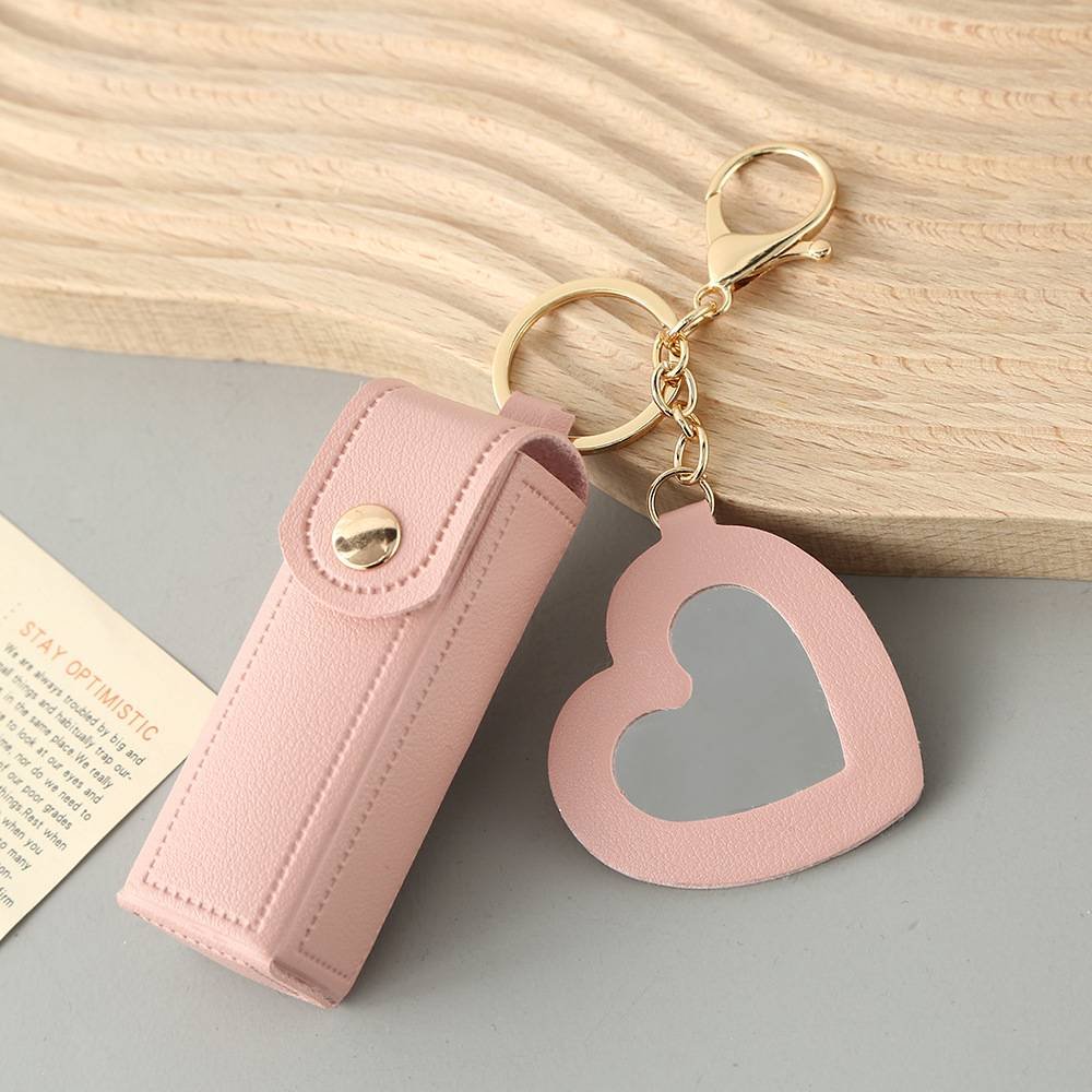 Pink Portable Lipstick Case with Heart Mirror & Keychain – Cute PU Leather Holder (3-Pack)