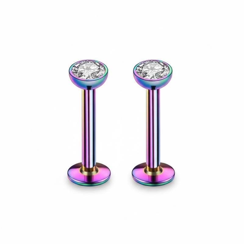 2 PCS Internally Threaded Labret Studs - 16G 8mm Stainless Steel Flat Back with 3mm CZ Crystal - Rainbow Tone Body Piercing for Lip Tragus Helix