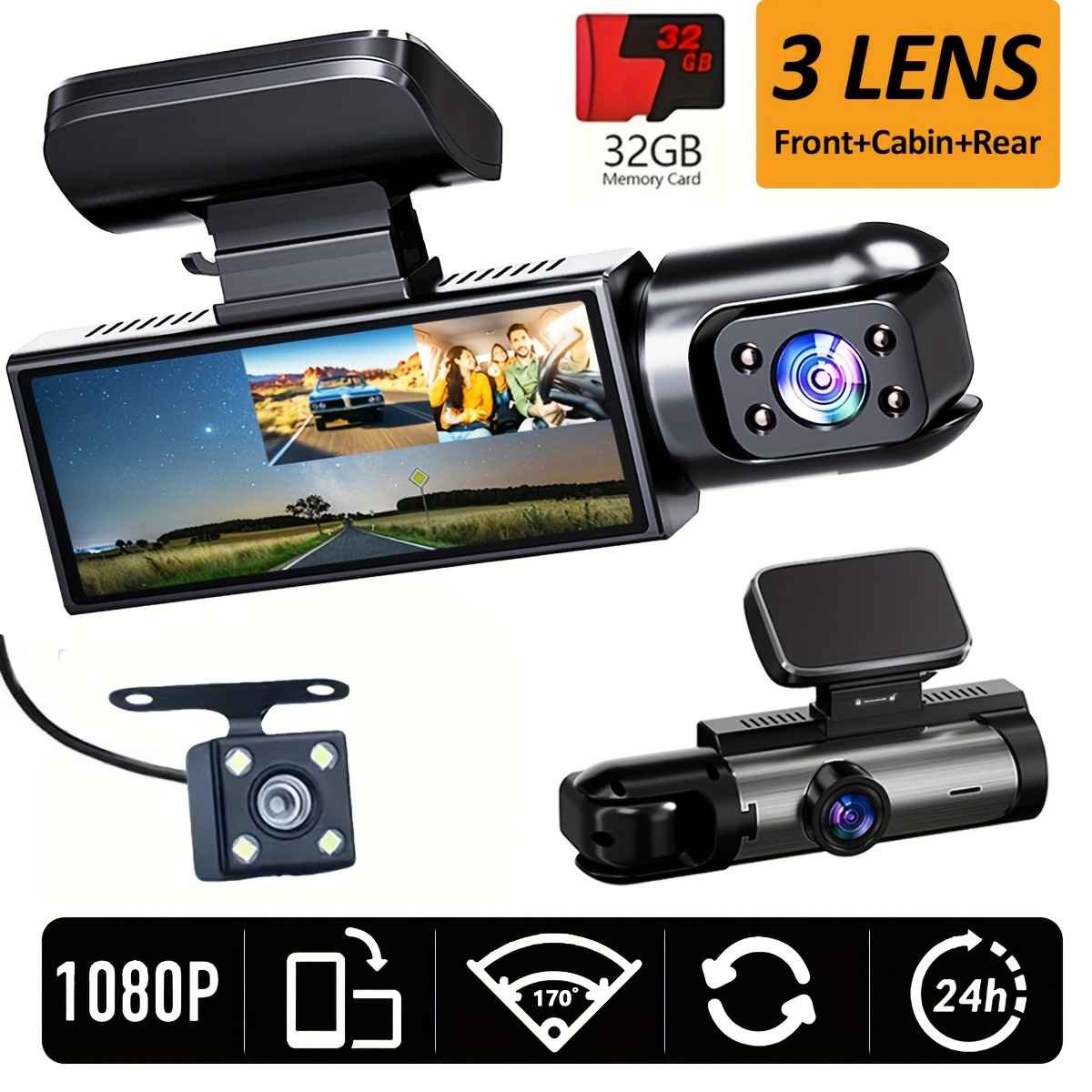Super Memory Triple Cam Dash Cam! 32GB storage + 1080P HD triple lens, 170° panoramic coverage of front, cabin, and rear, 24/7 protection for your safe journey.