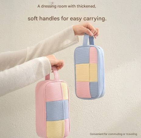 Blue Trendy Color-Block Corduroy Makeup Bag - Large Capacity Travel Cosmetic Organizer with Easy-Access Wide Opening and Portable Handle