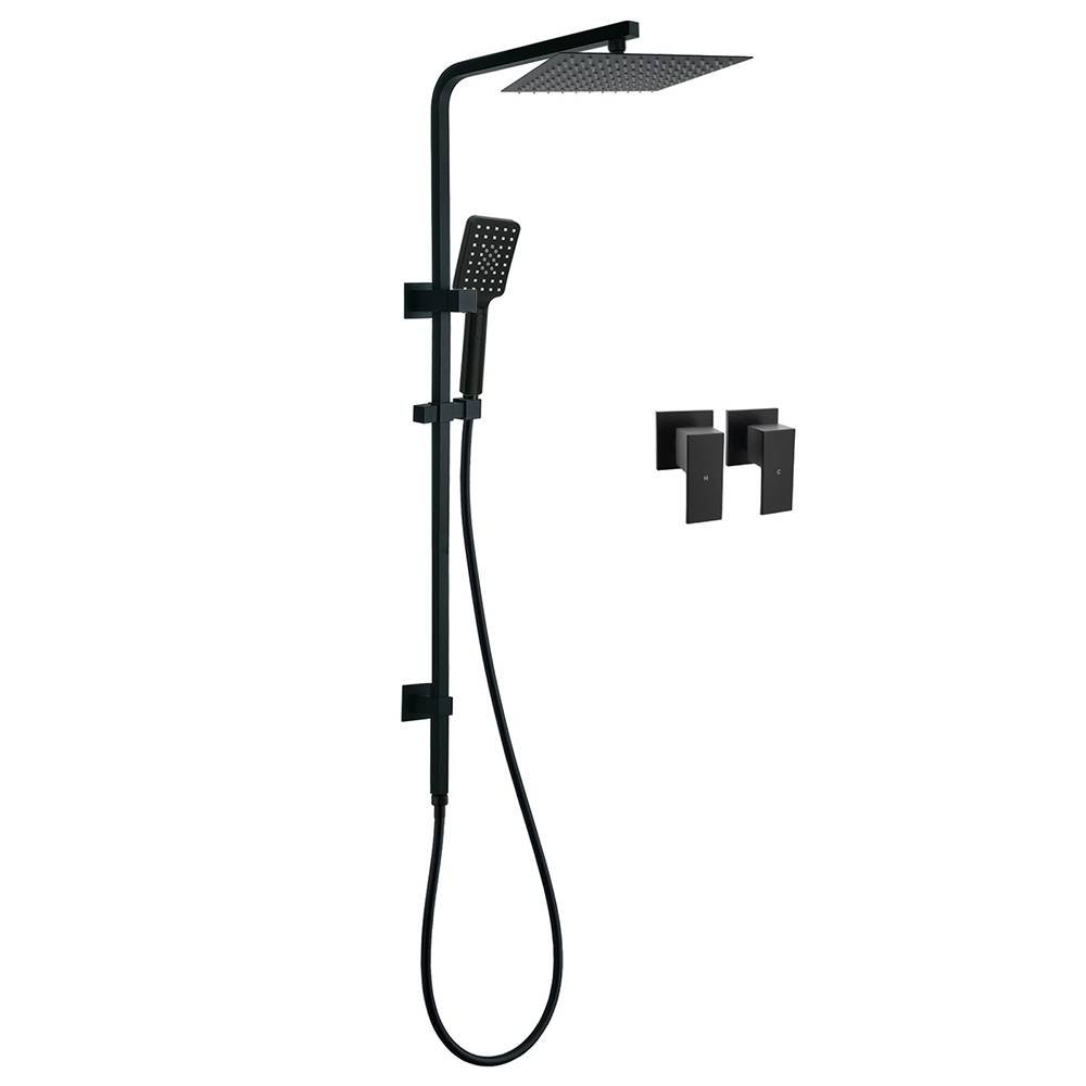 Matt Black Twin Shower Set Square 10" Rain Head 3 Modes Handheld Wall Arm Rail + Taps