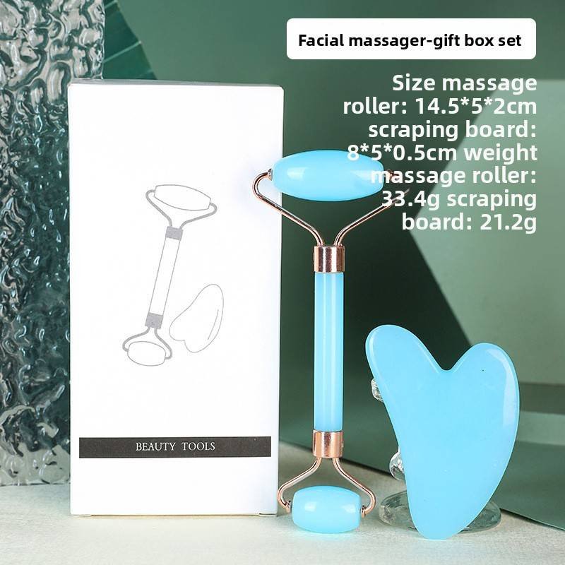 Blue Dual-Head Resin Facial Roller and Heart-Shaped Gua Sha Set for Home SPA Skincare and Face Neck Massage