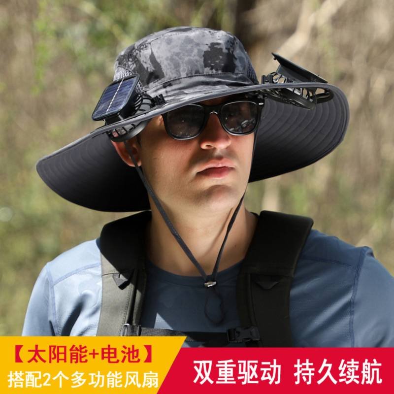 Dual Solar Fan Hat with Rechargeable Battery - Wide Brim UPF 50+ Sun Protection Bucket Hat - Dark Grey Ink Ink Pattern for Fishing & Camping