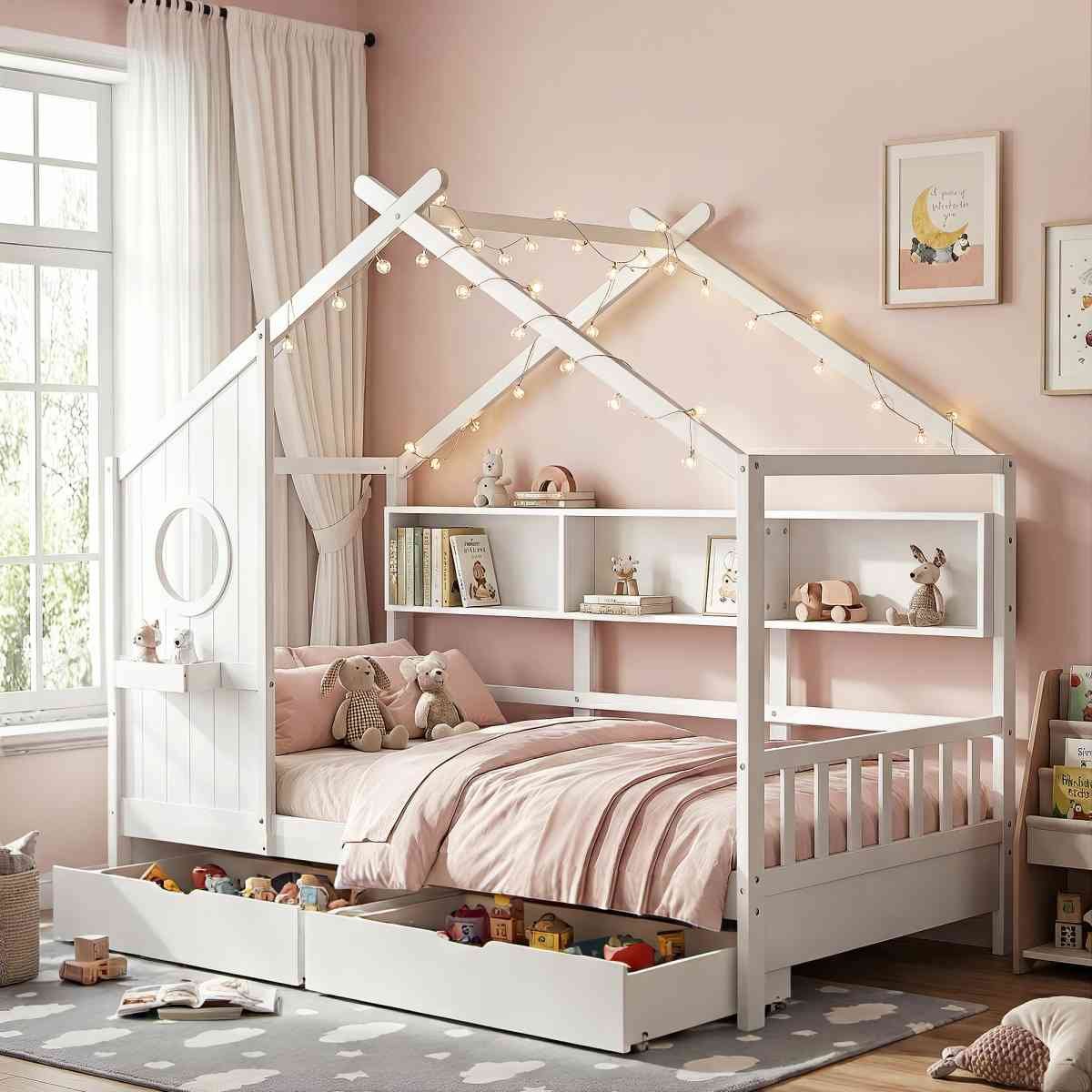 Artiss Kids Single Bed Frame with 3 Storage Bookcase & 2 Drawers House Bed Solid Wood Montessori Bed Easy Assembly White