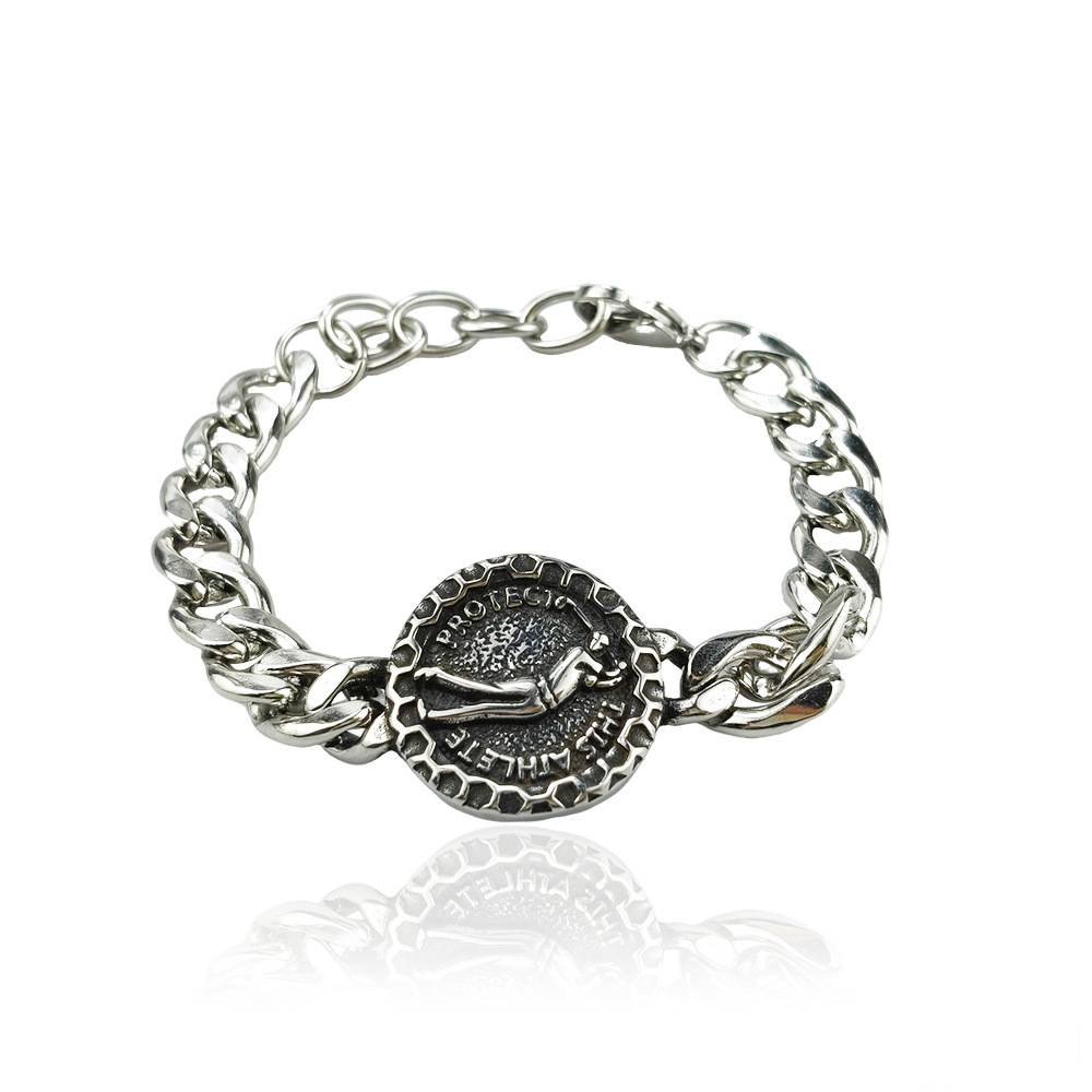 Silver Style 5 Men's Stainless Steel Curb Chain Bracelet - Retro Punk Hip Hop Style with Round Medallion Charm - Durable 26cm Streetwear Jewellery