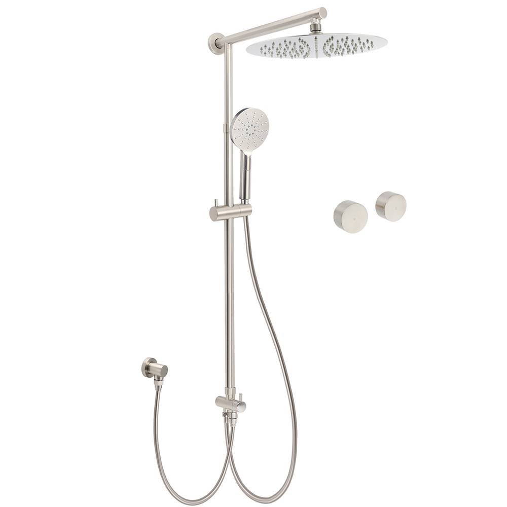 Brushed Nickel Round 12" Large Rain Head Shower Handheld Sliding Rail Arm Chrome Set + Twin Taps