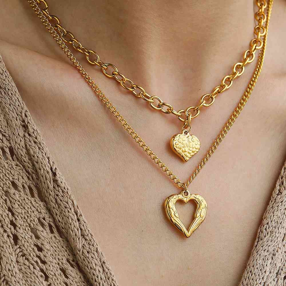 Stackable Gold-Plated Wings Heart Chokers Set - Trendy Tarnish Free Alloy Cuban Link Jewelry for Fashionable Women