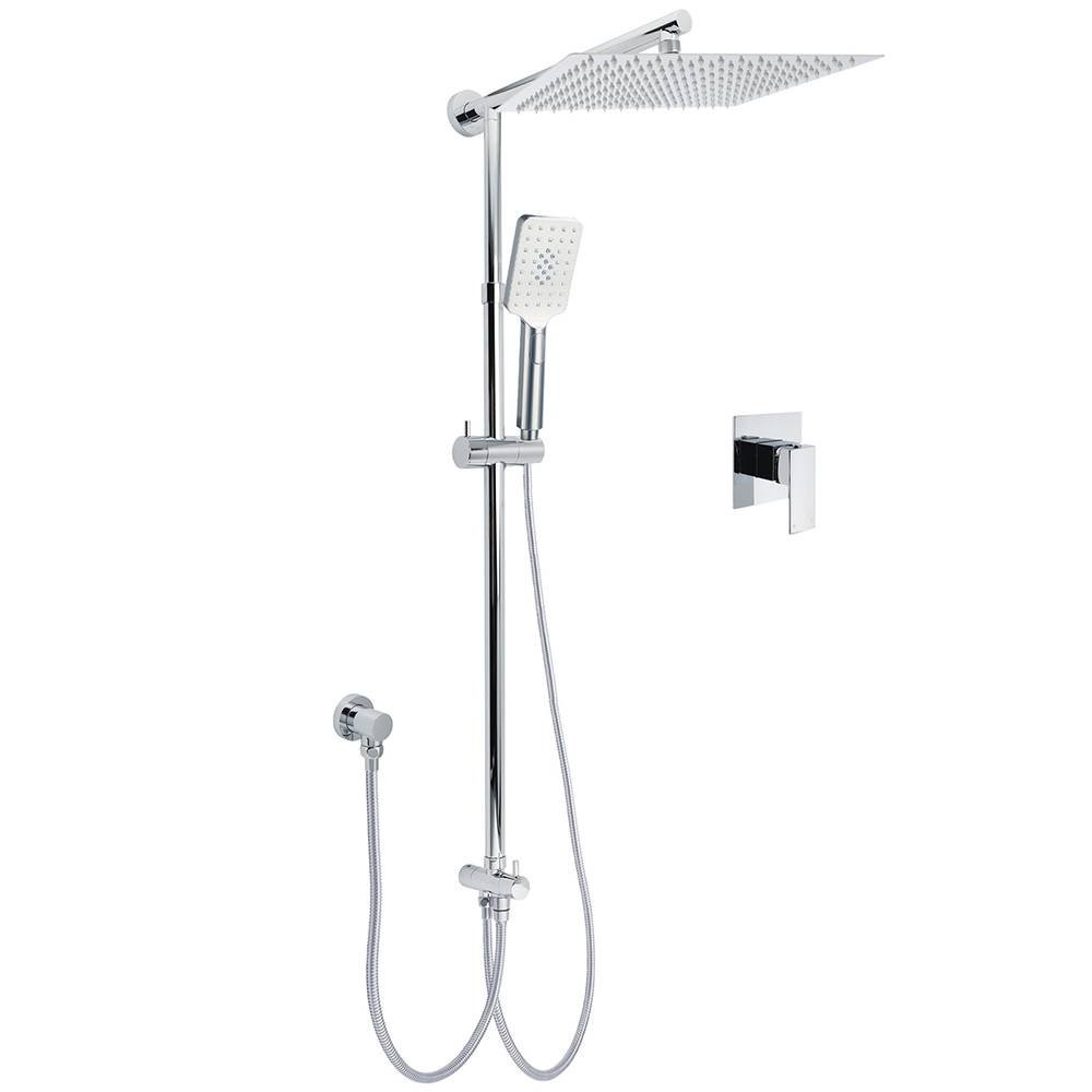 Double Square Shower Head 12" Rain Rose + 3 Modes Handheld Diverter Rail Arm Mixer Set