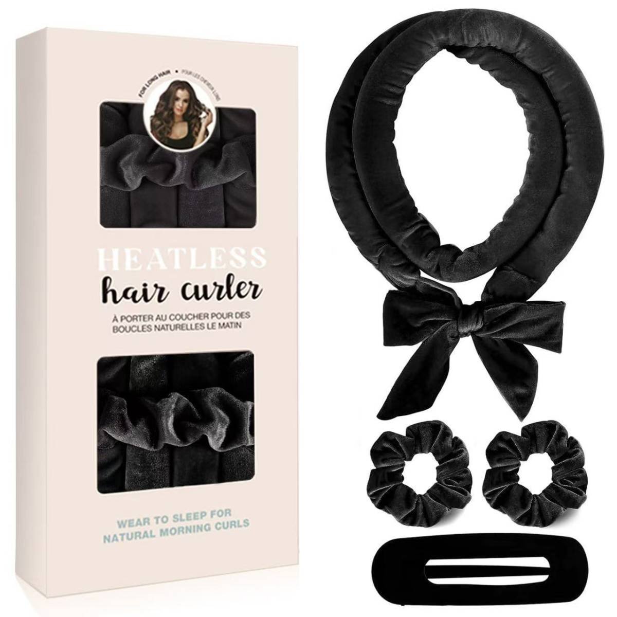 Black Heatless Hair Curler Set with Bowtie Ribbon for Natural Big Waves Damage-Free Overnight Hair Styling Essential for Your Local Modern Lifestyle