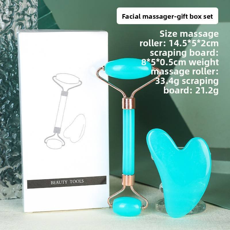 Light blue Dual-Head Resin Facial Roller and Heart-Shaped Gua Sha Set for Home SPA Skincare and Face Neck Massage