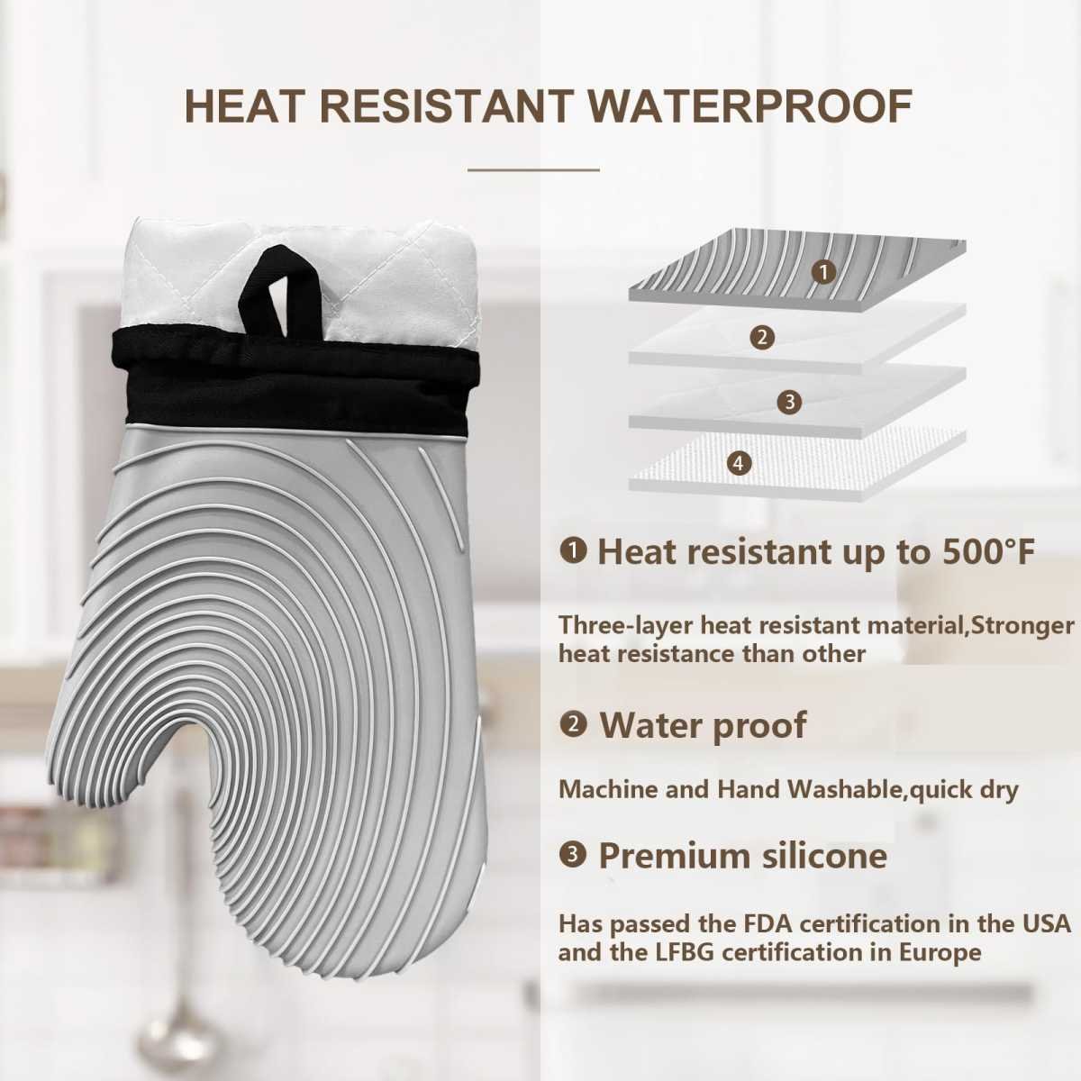 Premium Silicone Oven Mitts – Heat Resistant Up to 500°F, Non-Slip Grip, Easy to Clean, Food Grade & BPA-Free, Ideal for Grilling, Baking, Cooking, Microwave Use (Grey)