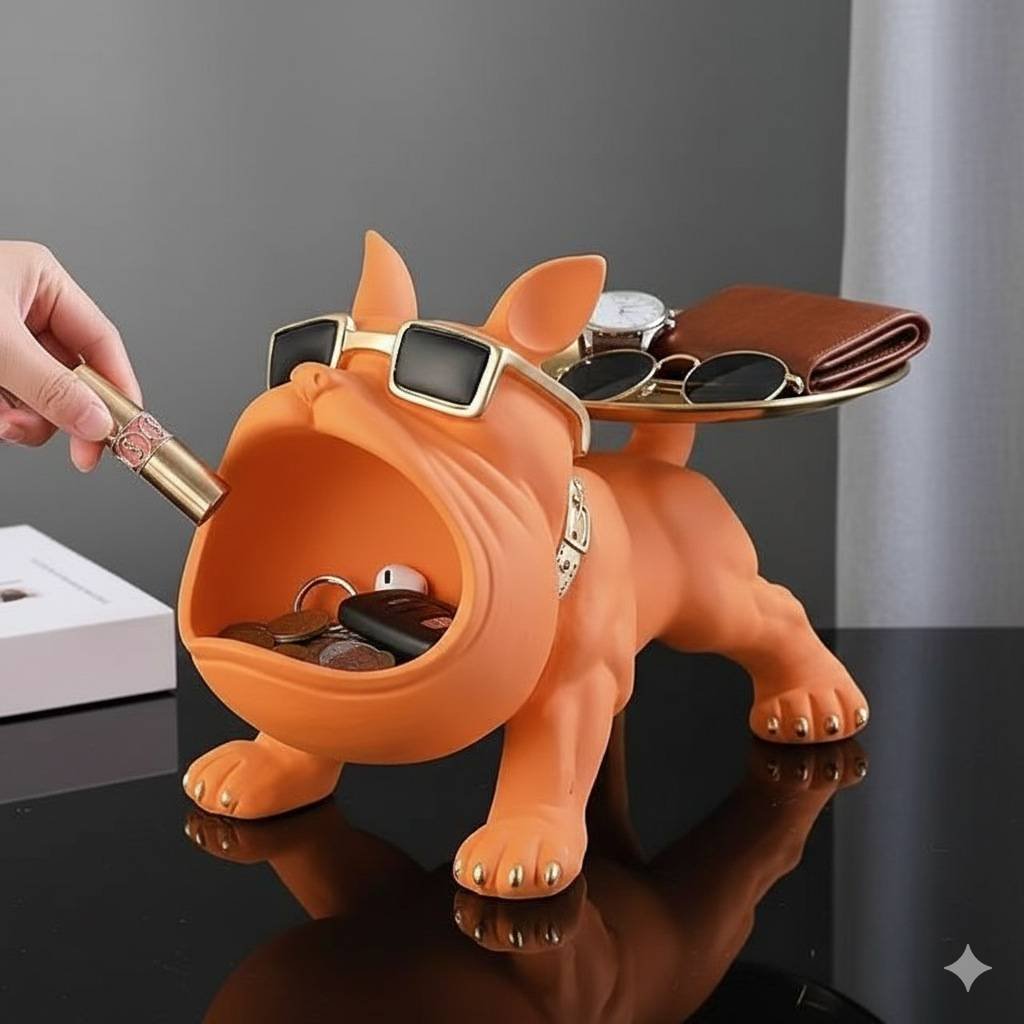Cool French Bulldog Statue Storage Tray Orange Resin Dog Figurine Key Bowl and Candy Organiser with Open Mouth Design for Entryway Table Home Decor