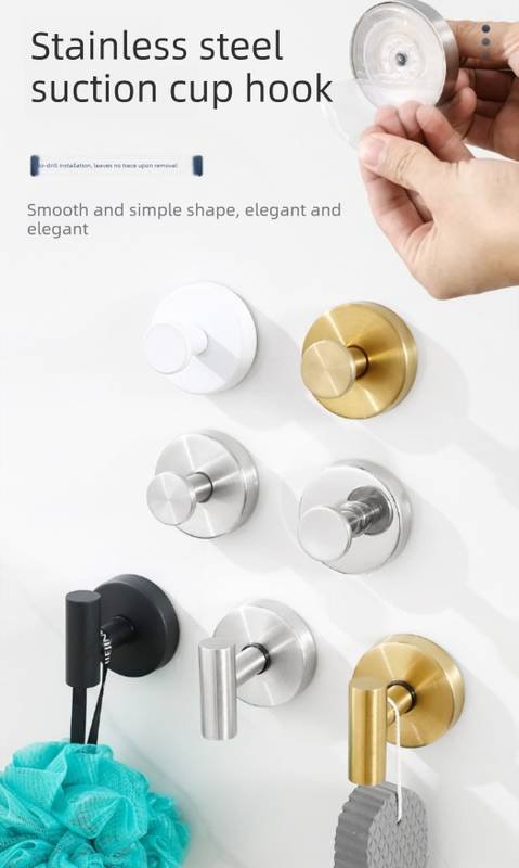 Matte Silver T-Bar Suction Cup Hook Stainless Steel Vacuum Wall Hanger No Drill Robe Towel Holder for Bathroom Kitchen - Heavy Duty