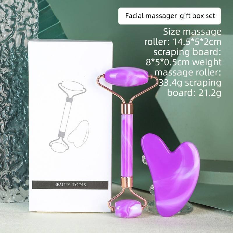 Double Purple Dual-Head Resin Facial Roller and Heart-Shaped Gua Sha Set for Home SPA Skincare and Face Neck Massage