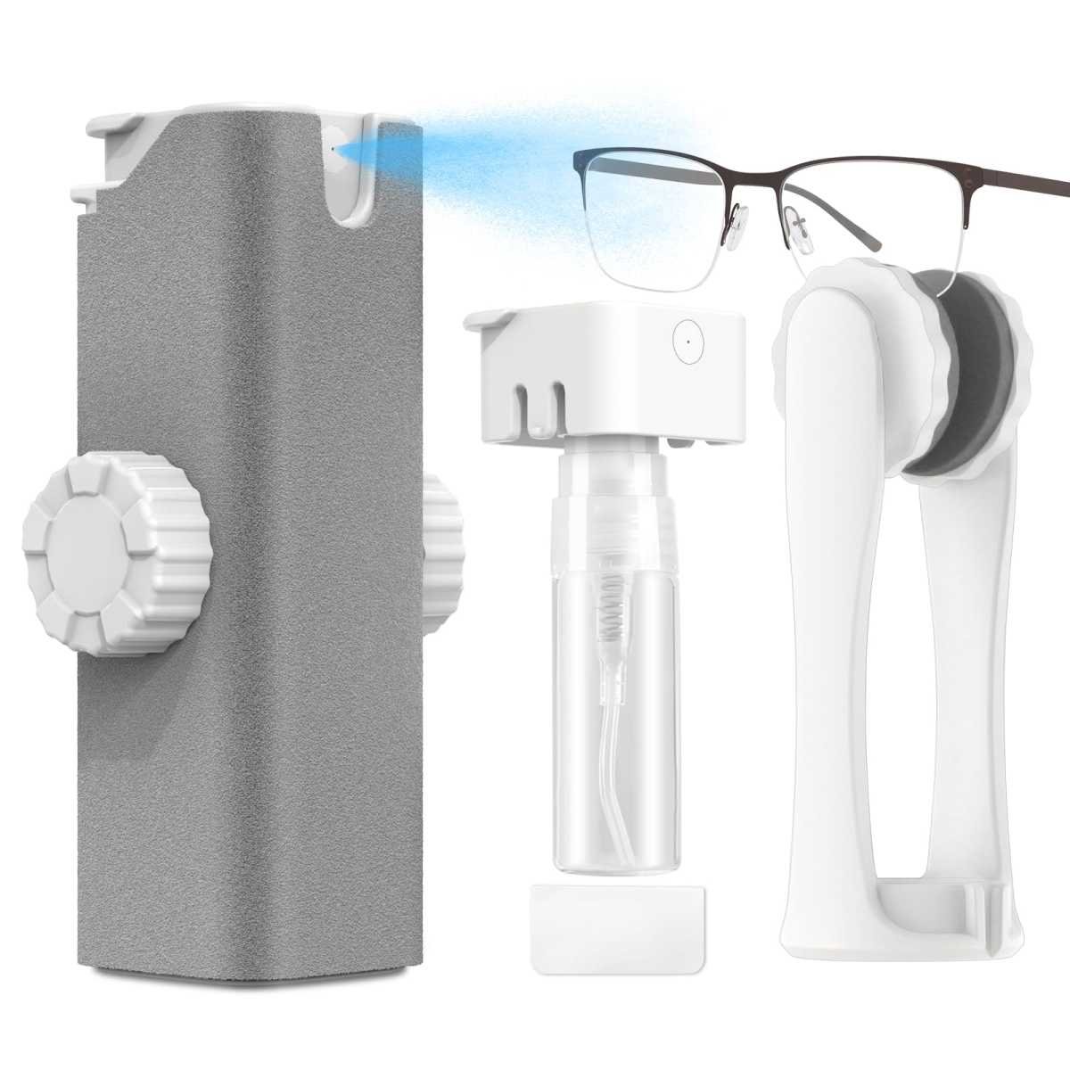 All-in-One Portable Glasses Cleaning Kit with Spray, Brush & Microfiber Cloth – Compact Lens Cleaner for Eyeglasses, Phone Screens, and More (White)