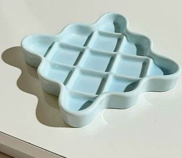 Blue Ceramic Slow Feeder Licking Plate for Cats and Dogs | Raised Anti-Choking Grid Design | 11.5 cm Durable Pet Dish