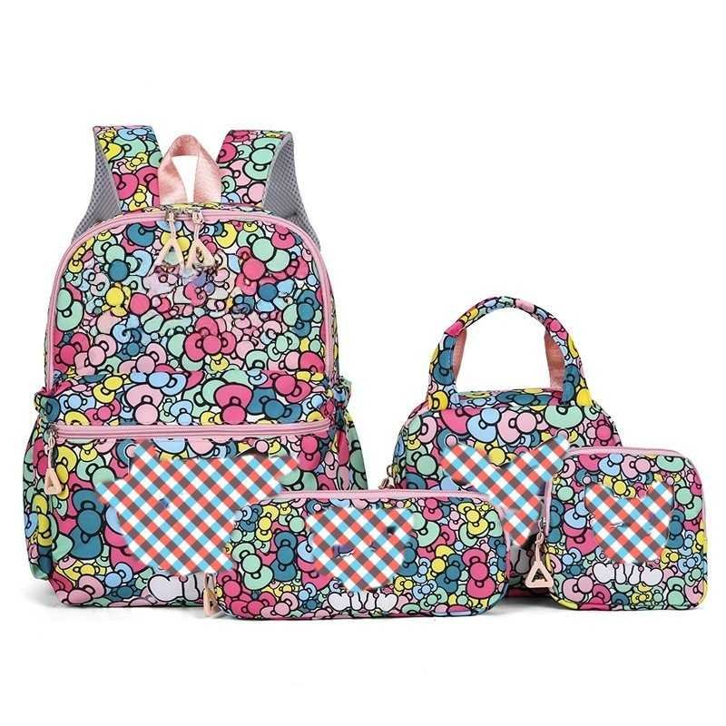 Flower-Patterned Cloth 4-Piece Large Capacity School Backpack Set for Primary Students Years 3-6 Durable Nylon Lightweight Rucksack with Handbag for Daily Australian School Life