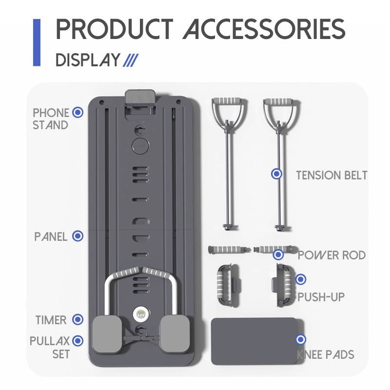 Grey Multi-functional Core Training Board with Digital Timer and Resistance Bands Foldable Fitness Panel for Home Abdominal and Pilates Workouts Solution