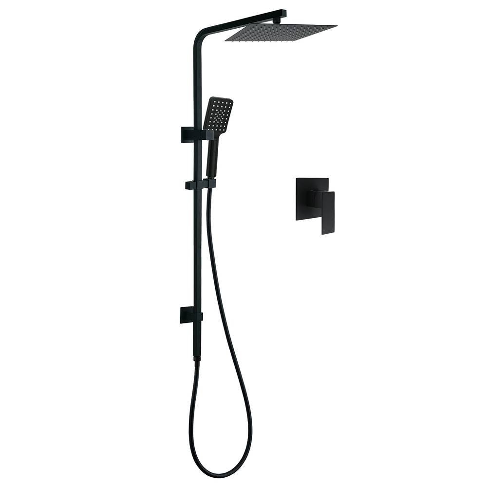 Matt Black Twin Shower Set Square 10" Rain Head 3 Modes Handheld Wall Arm Rail + Mixer