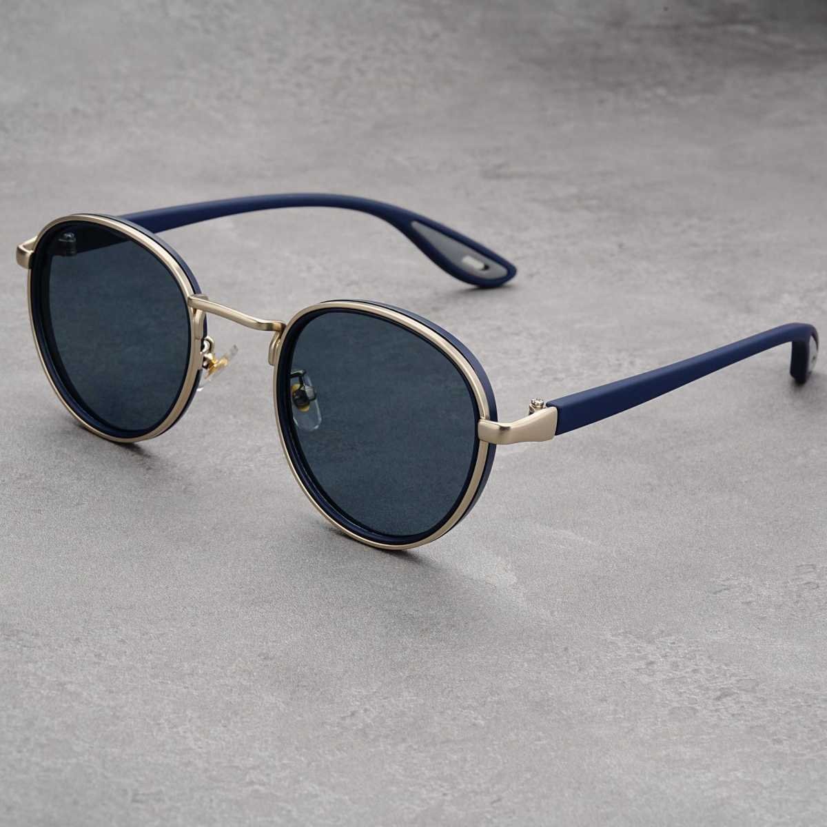 Silver Frame With Blue Rim Retro Round Sunglasses Vintage Metal & PC Frame Casual Classic Style for Men and Women - Lightweight 137mm Width