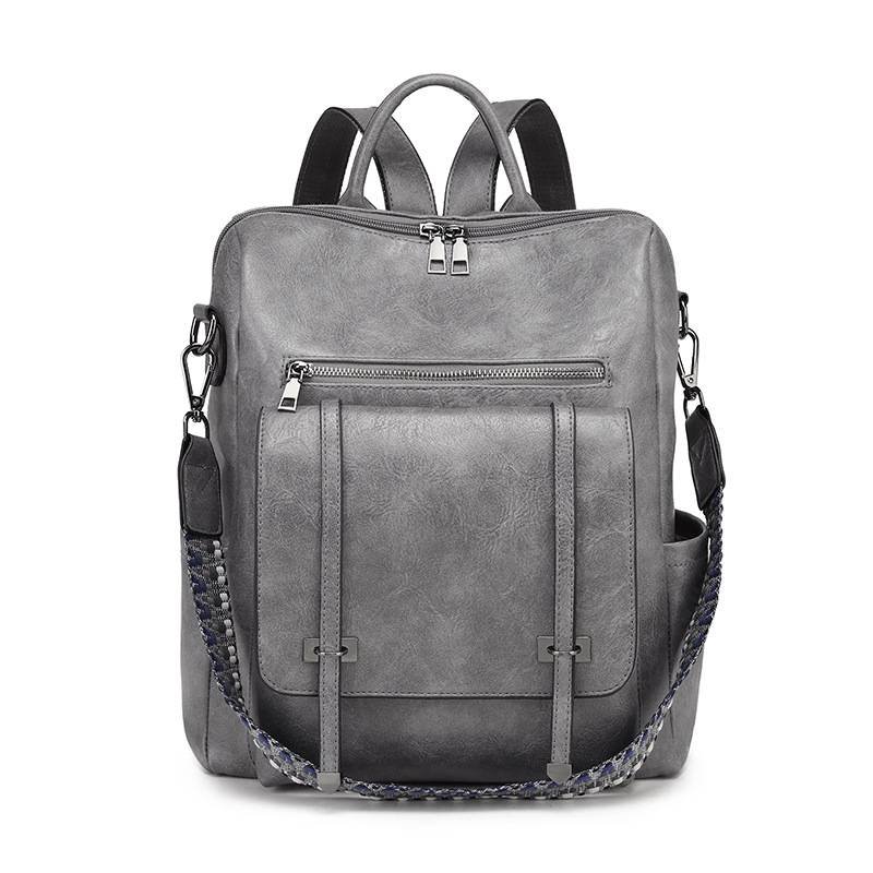 Grey Retro Soft PU Leather Backpack for Women - Water-Resistant Large Capacity Travel Rucksack with Dual Detachable Straps