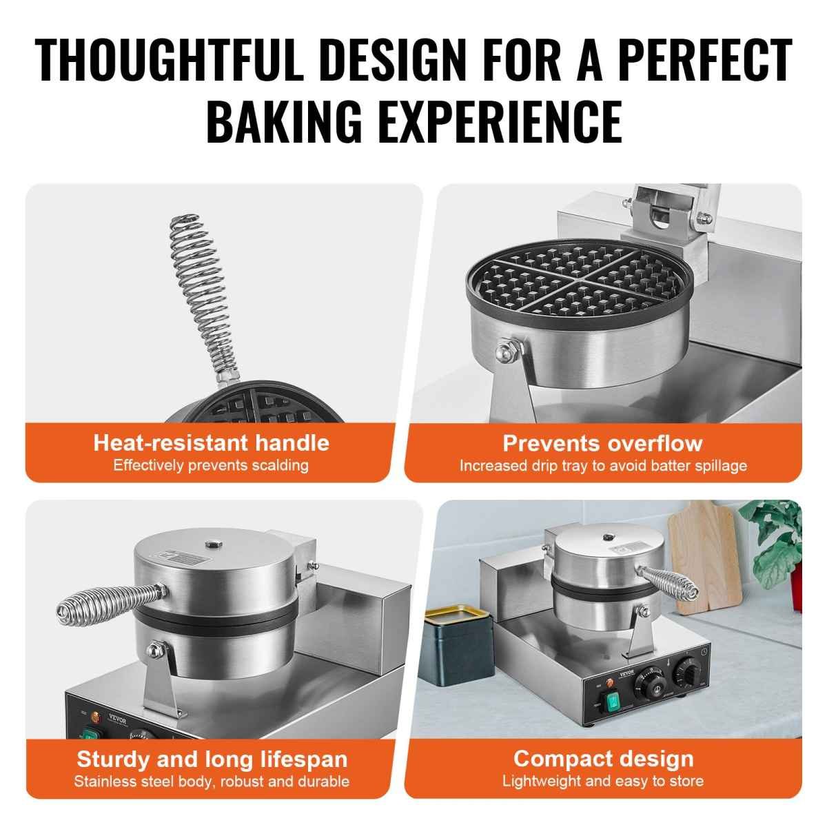 VEVOR Commercial Waffle Maker, 1230W Round Waffle Baker Machine, Non-Stick Stainless Steel Belgian Waffle Iron with Temperature and Time Control, Handle, for Restaurant Bakery Snack Bar Family