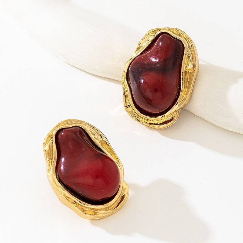 A Pair of Vintage Baroque Statement Earrings - Chunky Gold Tone Irregular Studs with Red Faux Stone - Stainless Steel Pin Fashion Jewellery for Women