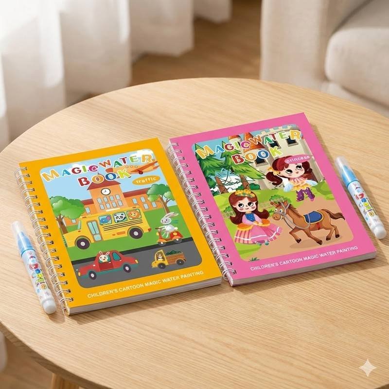2 PCS Magic Water Colouring Book Traffic & Princess Themes Reusable Painting Activity Set Mess Free Travel Toy for Kids